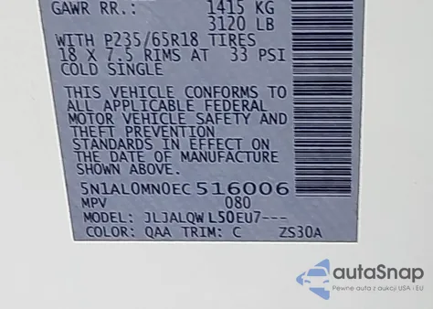 2014 Infiniti Qx60 z USA, uszkodzony, nr VIN 5N1AL0MN0EC516006